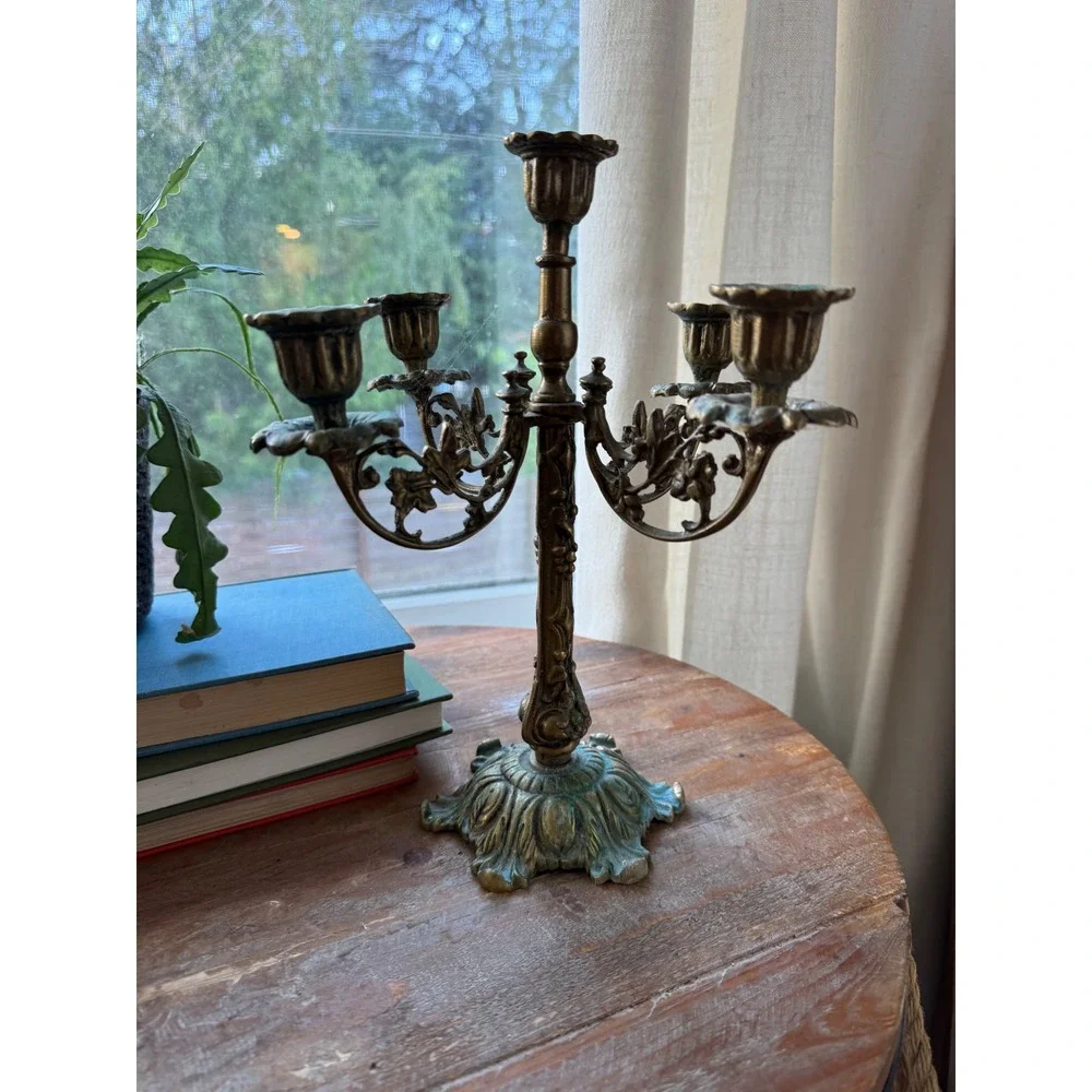 Vintage Ornate Brass 5 Arm Candelabra Ornate Floral Scrollwork Verdigris Patina
